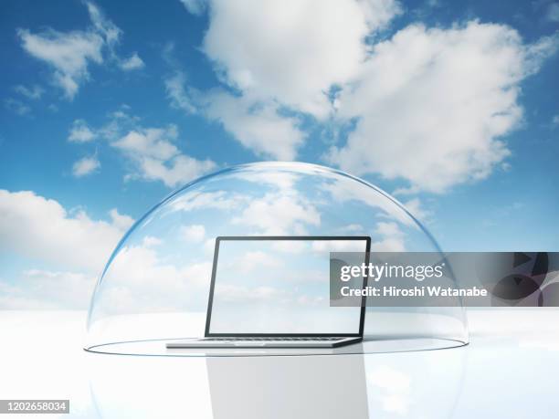 pc protected by security dome against the sky - safeguard data stock pictures, royalty-free photos & images