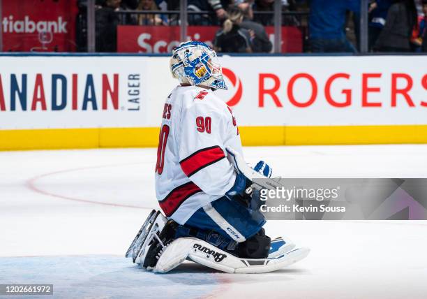 Emergency backup goalie Dave Ayres of the Carolina Hurricanes stretches during the second period against the Toronto Maple Leafs at the Scotiabank...