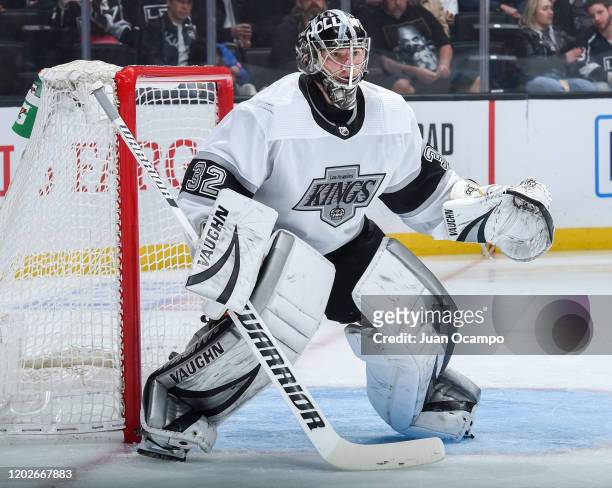 Goaltender Jonathan Quick of the Los Angeles Kings tends net during the second period of the game against the Colorado Avalanche at STAPLES Center on...