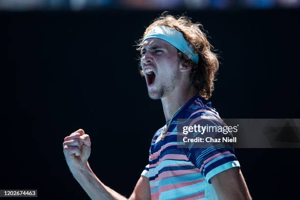 Alexander Zverev of Germany reacts to a point in his quarter final match against Stan Wawrinka of Switzerland on day ten of the 2020 Australian Open...