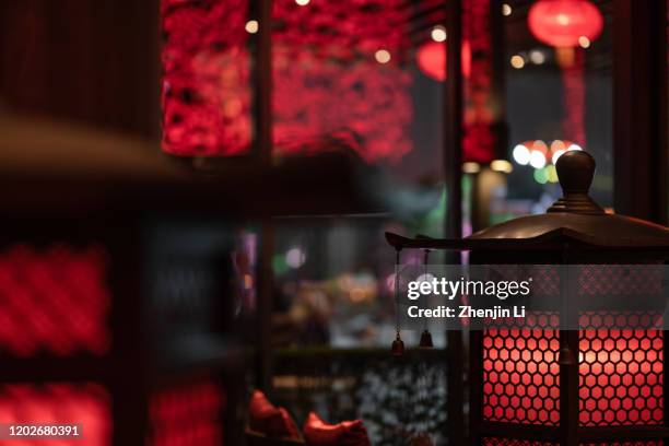 close-up shot of indoors red lantern in spring festival / xi'an, china - chinese new year 2020 stock pictures, royalty-free photos & images