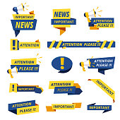 Important badges. Attention notice announcement stickers vector collection stylized promotional graphics