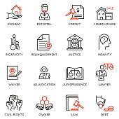 Vector set of linear icons related to law, justice and litigation. Mono line pictograms and infographics design elements - part 3