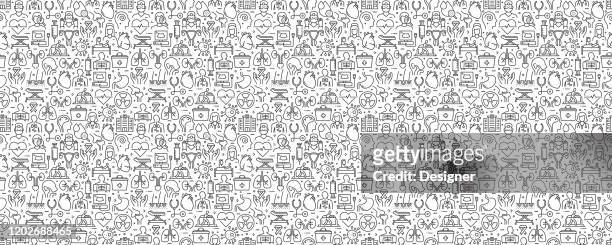 medical and health seamless pattern and background with line icons - heart attack stock illustrations