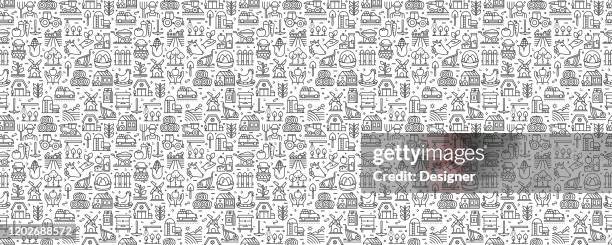 farming and agriculture seamless pattern and background with line icons - sowing stock illustrations