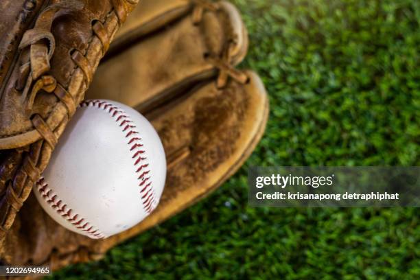 baseball on the green grass - baseball glove stock-fotos und bilder