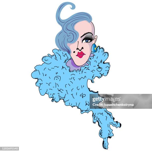 fashionable vector illustration allegory symbol provocation art portrait face of a young man in a bright blue boa on his neck with an earring in his ear in makeup and a blue wig on his head - boa stock illustrations