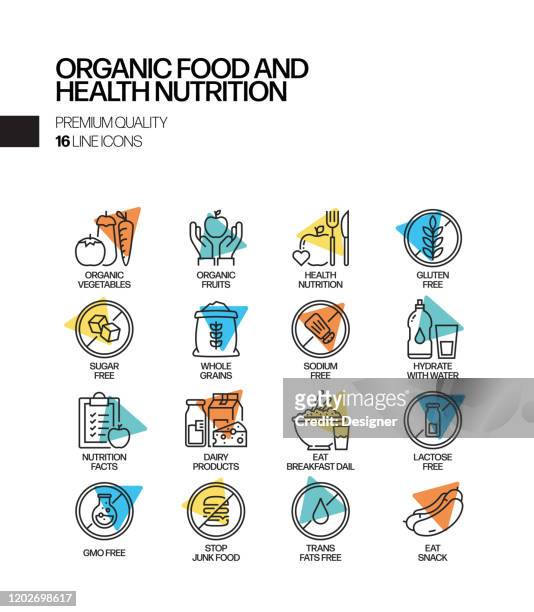 simple set of organic food and health nutrition related spotlight vector line icons. outline symbol collection - raw food icons stock illustrations