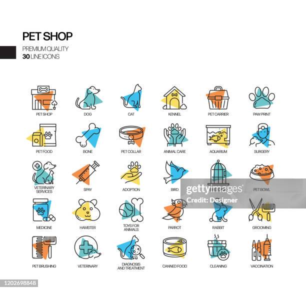 ilustrações, clipart, desenhos animados e ícones de conjunto simples de ícones da linha de holofotes vetoriais relacionados ao pet shop. coleção símbolo de contorno. - loja de animais de estimação