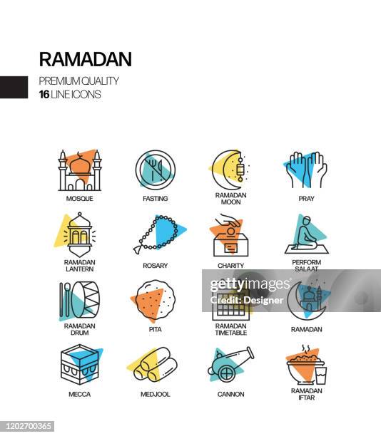 ilustrações, clipart, desenhos animados e ícones de conjunto simples de ícones da linha de vetor de holofotes relacionados ao ramadã kareem. coleção símbolo de contorno. - kuwait