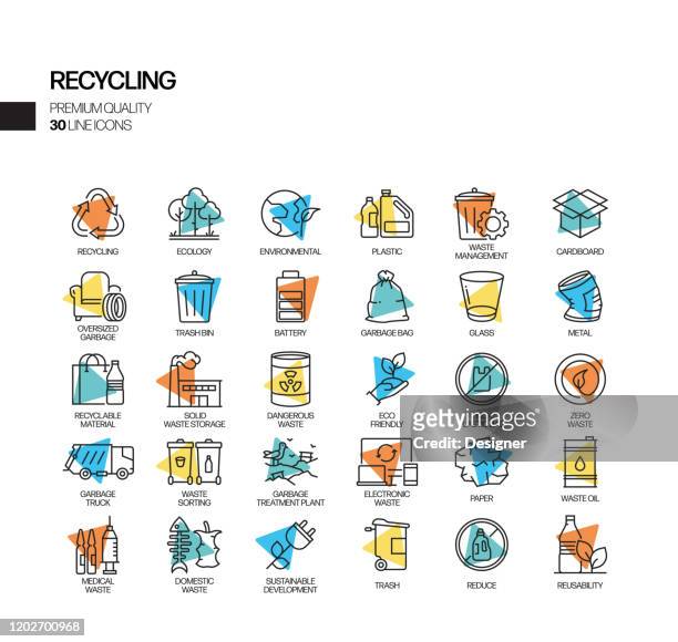 simple set of recycling related spotlight vector line icons. outline symbol collection - recycling symbol stock illustrations