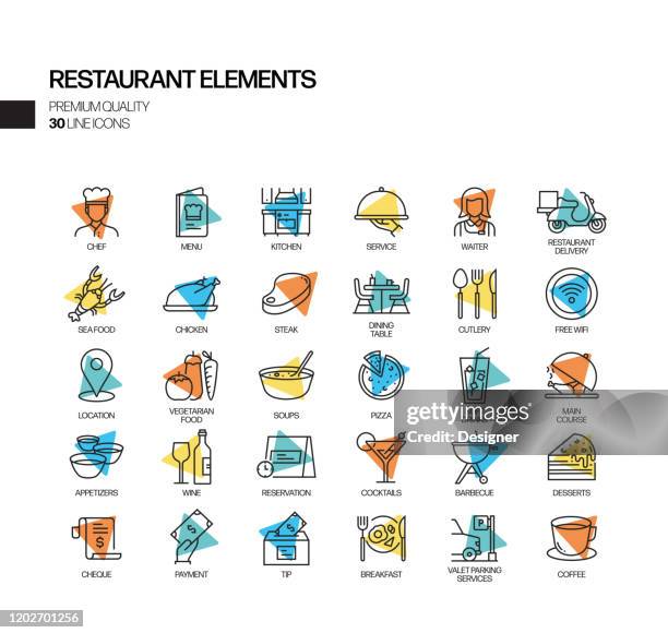 stockillustraties, clipart, cartoons en iconen met eenvoudige set van restaurant gerelateerde spotlight vector line iconen. overzichtssymboolverzameling - cafeteria