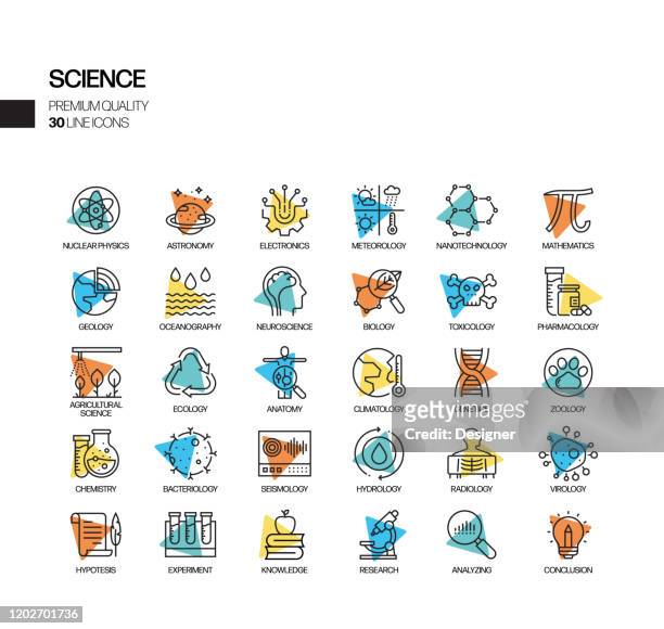 illustrazioni stock, clip art, cartoni animati e icone di tendenza di semplice set di icone della linea vettoriale spotlight correlate alla scienza. insieme outline symbol - scienza e tecnologia