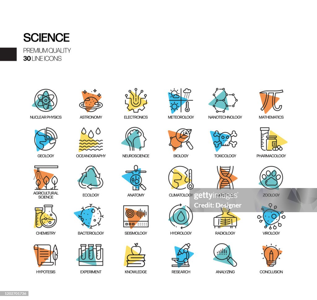 Conjunto simples de ícones da linha de vetor de holofotes relacionados à ciência. Coleção símbolo de contorno