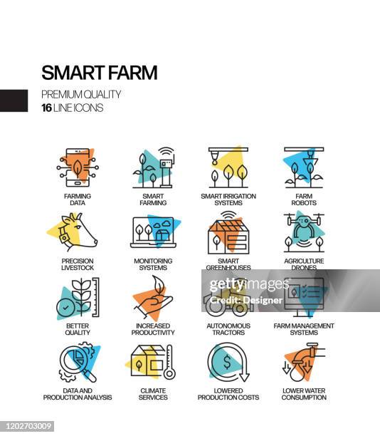 simple set of smart farm related spotlight vector line icons. outline symbol collection. - food processing plant stock illustrations