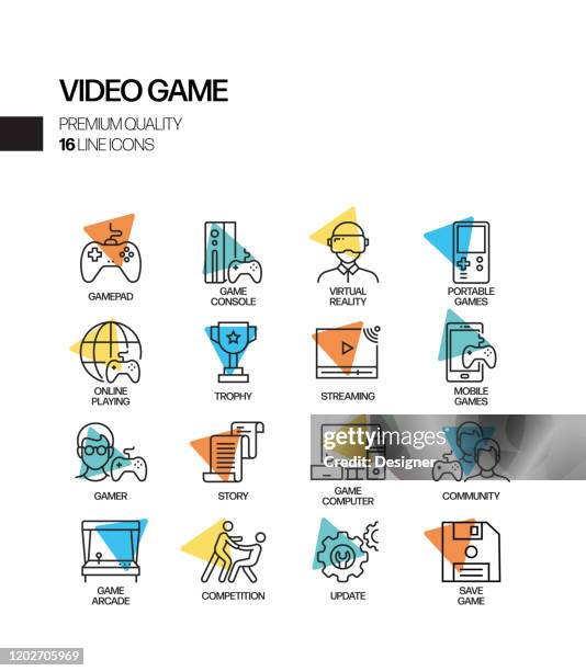 ilustrações, clipart, desenhos animados e ícones de conjunto simples de ícones de linha de vetor de destaque relacionados ao jogo de vídeo. coleção símbolo de contorno - ludificação