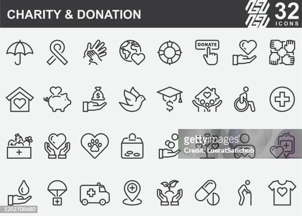 illustrazioni stock, clip art, cartoni animati e icone di tendenza di icone della linea di beneficenza e donazione - donazione