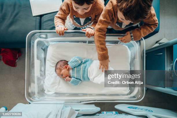 brothers look at new baby brother in hospital crib - hospital cot stock pictures, royalty-free photos & images