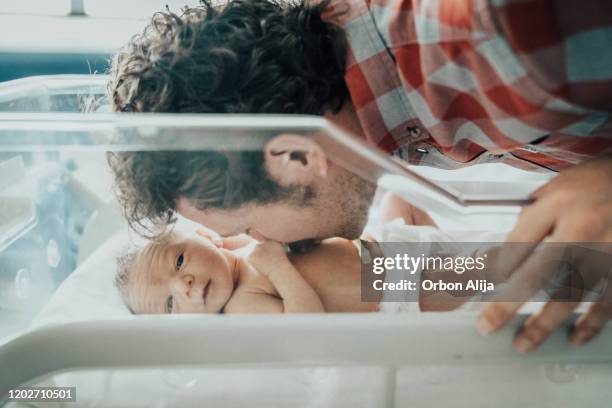 father kissing his newborn baby - premature baby stock pictures, royalty-free photos & images