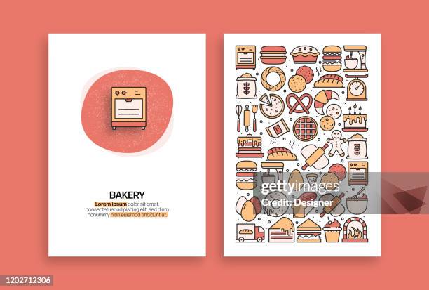 ilustraciones, imágenes clip art, dibujos animados e iconos de stock de diseño relacionado con panadería y pastelería. plantillas vectoriales modernas para folleto, portada, folleto e informe anual. - fabricación de galletas
