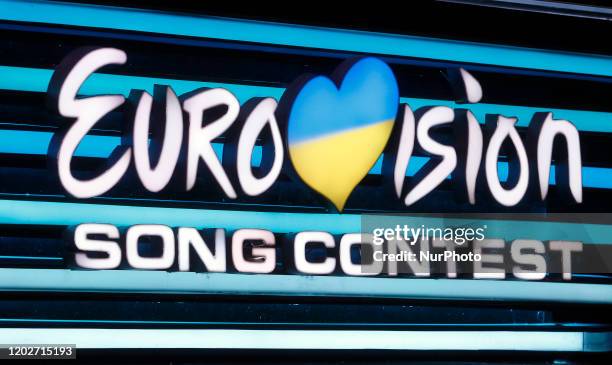 Eurovision Song Contest logo is seen during the 2020 Eurovision Song Contest national selection show, broadcasted by STB and UA:Pershyi TV channels,...