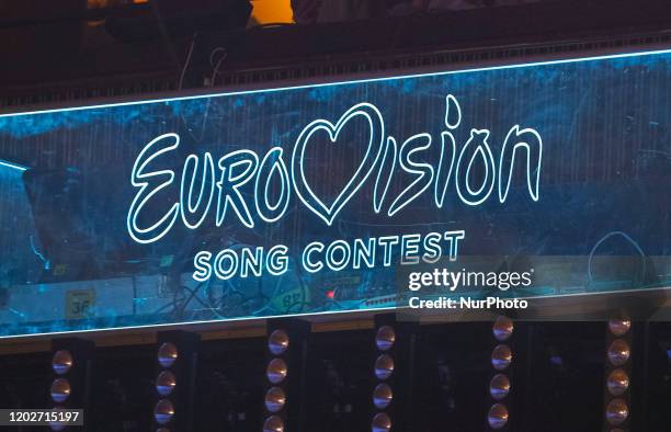 Eurovision Song Contest logo is seen during the 2020 Eurovision Song Contest national selection show, broadcasted by STB and UA:Pershyi TV channels,...