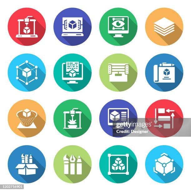 simple set of 3d printing technology related vector flat icons. symbol collection - fixing printer stock illustrations