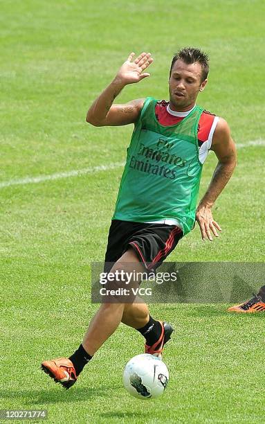 Antonio Cassano and Mattia Valoti of AC Milan in action during a training session ahead of the match againse Inter Milan at the Olympic Sports Center...