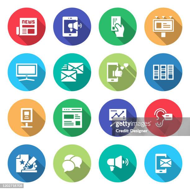 einfache satz von werbung und promotion verwandte vektor flache symbole. symbol-sammlung. - gewerbliches schild stock-grafiken, -clipart, -cartoons und -symbole