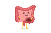 Sad suffering sick intestine pain cartoon character. Abdominal cavity digestive and excretion human internal unhealthy organ. Inflammation or poisoning indigestion concept vector illustration