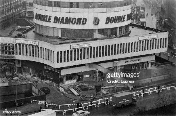 Aerial view of the Rotunda, location of one of the two pub bombings on 21st November 1974, in Birmingham, West Midlands, England, 23rd November 1974....