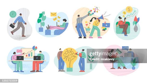 illustrations, cliparts, dessins animés et icônes de personnes d'affaires travaillant - flat illustration