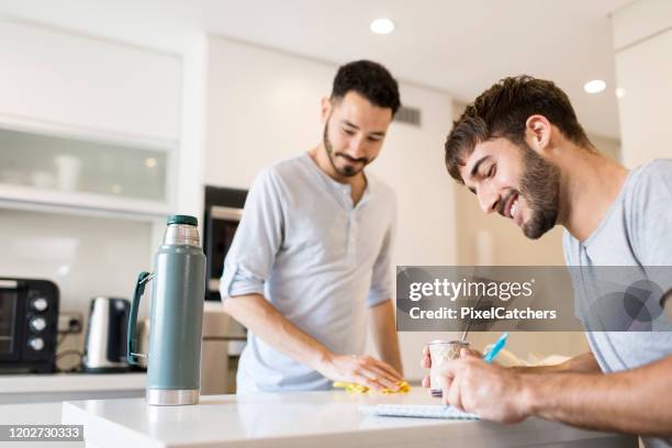 young homosexual couple doing chores together - shopping list stock pictures, royalty-free photos & images