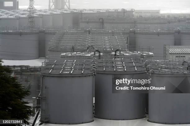 Storage tanks for radioactive water stand at Tokyo Electric Power Co.'s Fukushima Dai-ichi nuclear power plant on January 29, 2020 in Okuma,...