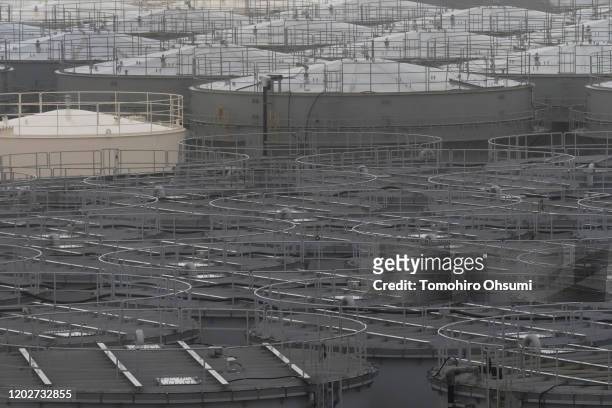 Storage tanks for radioactive water stand at Tokyo Electric Power Co.'s Fukushima Dai-ichi nuclear power plant on January 29, 2020 in Okuma,...
