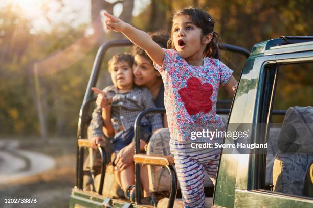 mother and children enjoying nature from off road vehicle - indian girl pointing stock pictures, royalty-free photos & images