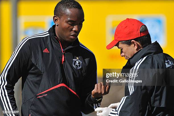 Pirates' new signing Benni McCarthy does a blood test during the Orlando Pirates media open day at the Johannesburg Stadium on August 03, 2011 in...