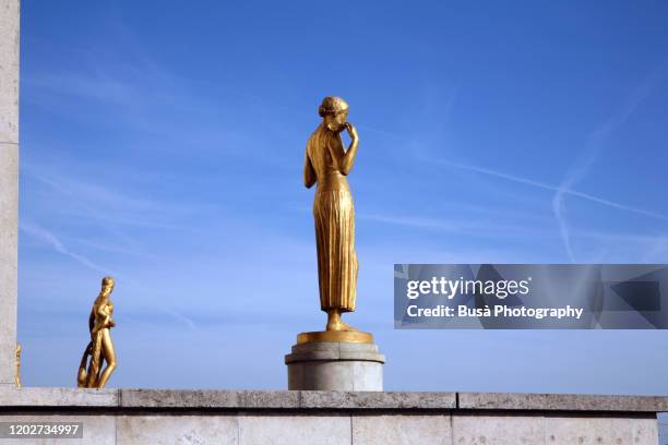 view of the eiffel tower from the palais de chaillot in the trocadéro area, paris, france - palais de chaillot stock-fotos und bilder