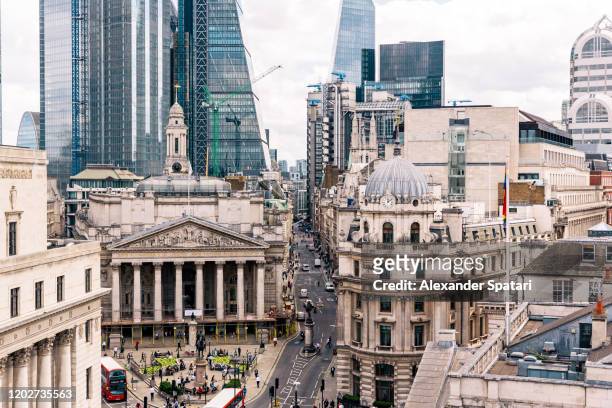 city of london with royal exchange and financial district aerial view, london, england, uk - bank of england stockfoto's en -beelden