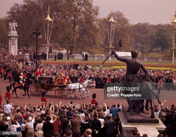 Princess Margaret and her new husband, Anthony Armstrong-Jones arrive at Buckingham Palace for the wedding breakfast after their marriage at...