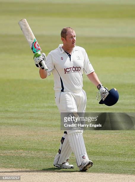 Anthony McGrath of Yorkshire acknowledges the crowd after reaching his century during the second day of the LV County Championship Division One match...