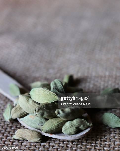 close-up of cardamom in a bamboo spoon on a jute cloth - cardamom - fotografias e filmes do acervo