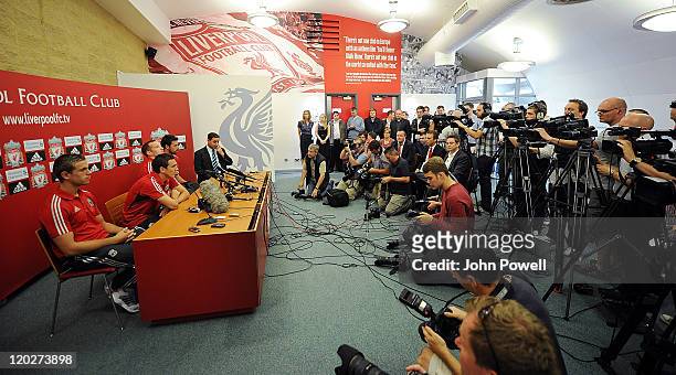 New signings Charlie Adam, Alexander Doni, Stewart Downing and Jordan Henderson of Liverpool attend a press conference at Melwood Training Ground on...