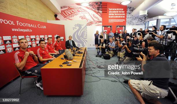 New signings Charlie Adam, Alexander Doni, Stewart Downing and Jordan Henderson of Liverpool attend a press conference at Melwood Training Ground on...