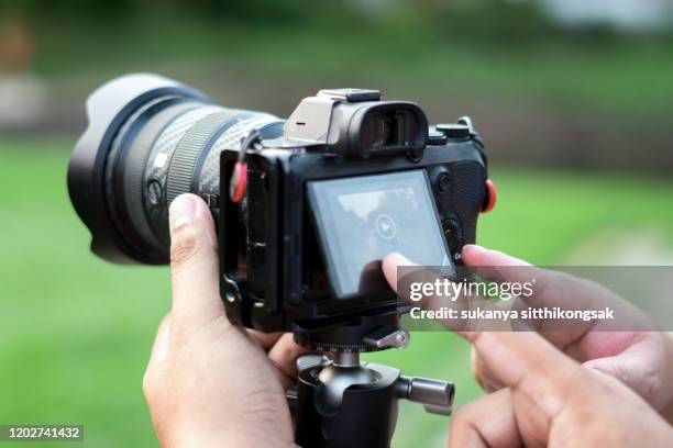 close up of hand photographer reviewing a picture on his  dslr camera. - digitalkamera bildschirm stock-fotos und bilder