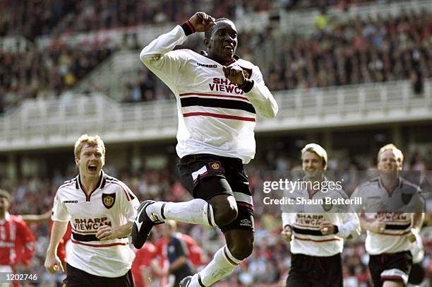 Dwight Yorke of Manchester United celebrates his goal during the FA Carling Premiership match against Middlesbrough played at the Riverside Stadium...