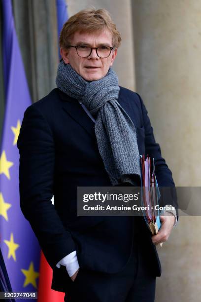 French Junior Minister of Relations with the Parliament Marc Fesneau leaves after a weekly cabinet meeting at Elysee Palace on January 29, 2020 in...