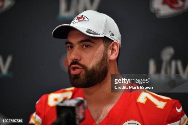 Laurent Duvernay-Tardif of the Kansas City Chiefs speaks to the media during the Kansas City Chiefs media availability prior to Super Bowl LIV at the...