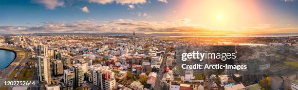 panorama - reykjavik skyline at sunset, iceland - hallgrimskirkja bildbanksfoton och bilder