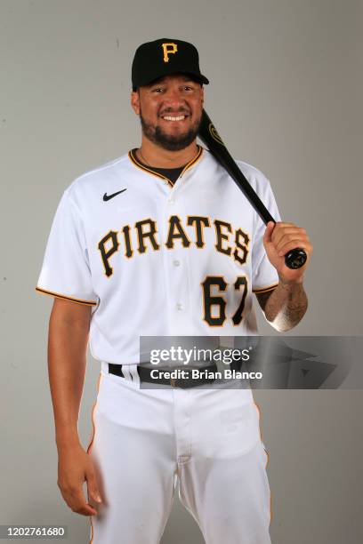 Hector Noesi of the Pittsburgh Pirates poses for a photo during the Pirates' photo day on February 19, 2020 at Pirate City in Bradenton, Florida.